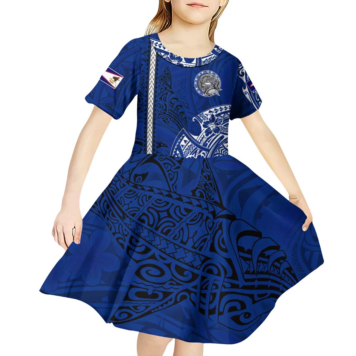 Sharks And American Samoa Kid Short Sleeve Dress Simple Polynesian Blue DT02 - Polynesian Pride