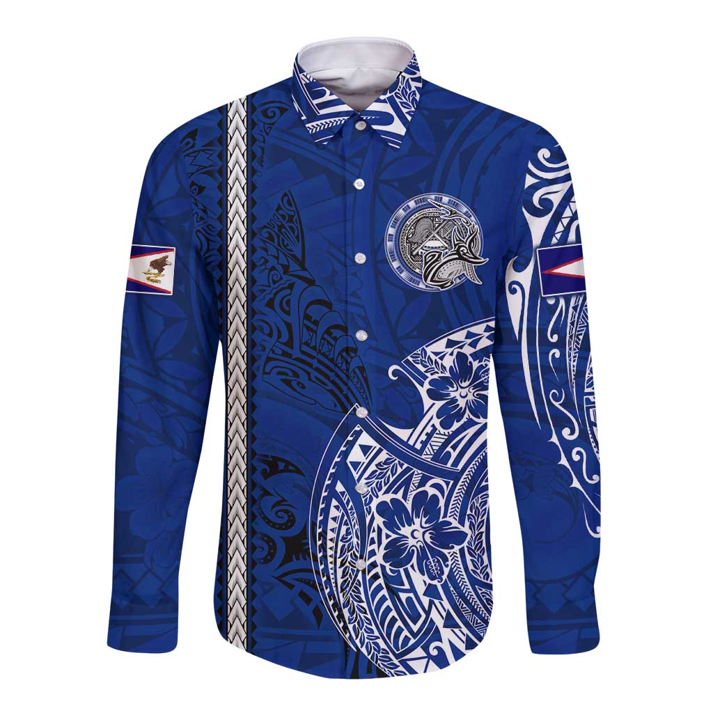 Sharks And American Samoa Long Sleeve Button Shirt Simple Polynesian Blue DT02 Unisex Blue - Polynesian Pride