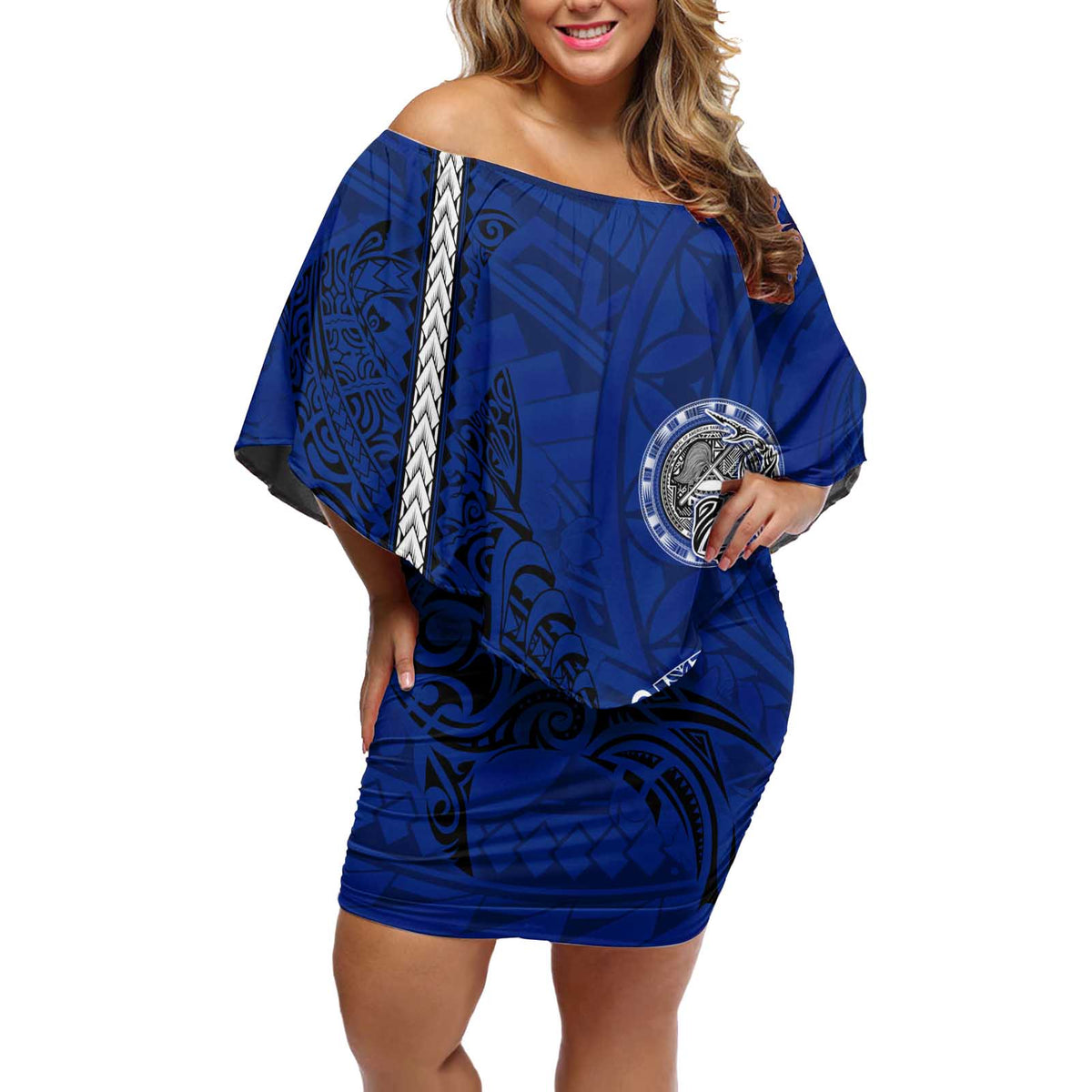 Sharks And American Samoa Off Shoulder Short Dress Simple Polynesian Blue DT02 Women Blue - Polynesian Pride