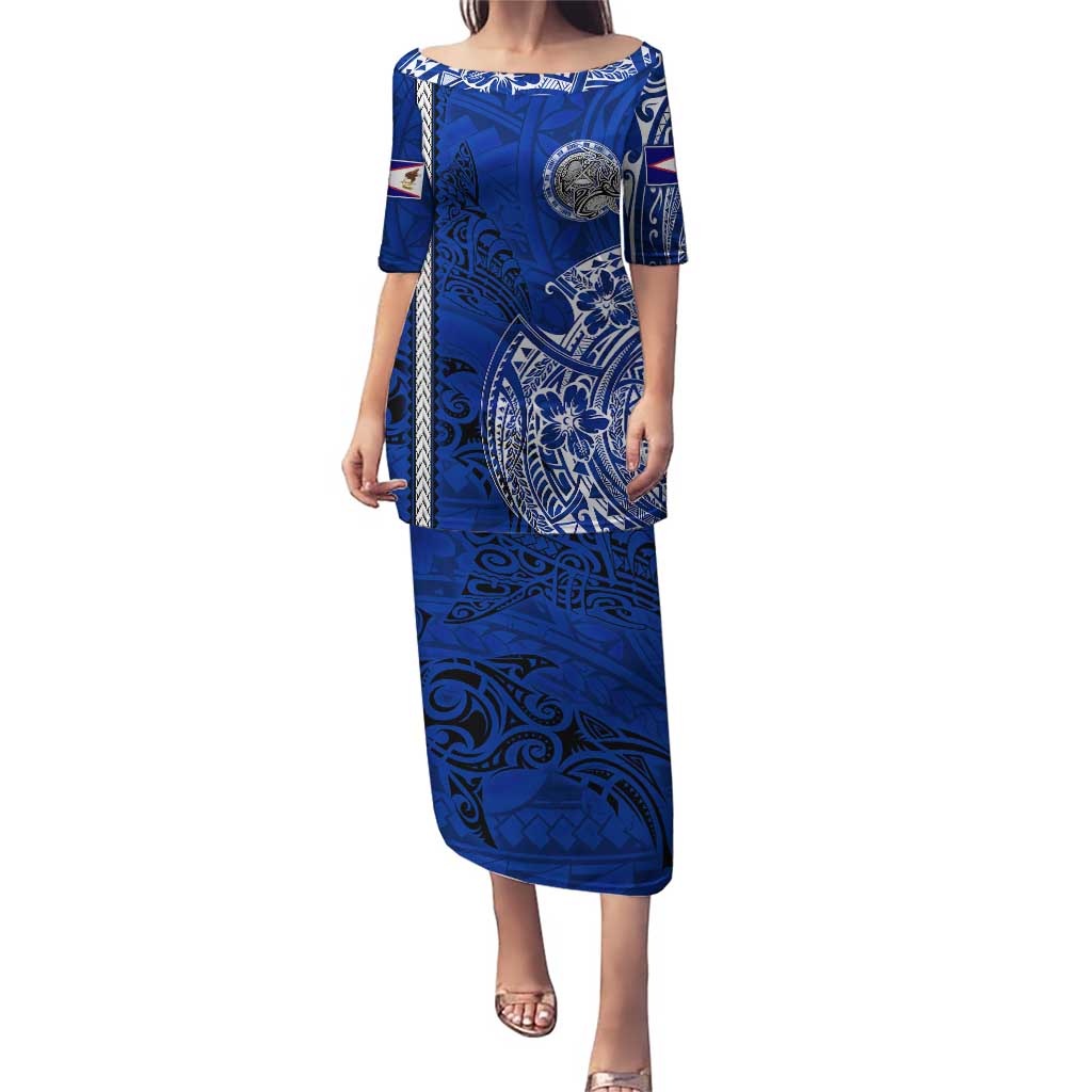 Sharks And American Samoa Puletasi Simple Polynesian Blue DT02 Long Dress Blue - Polynesian Pride