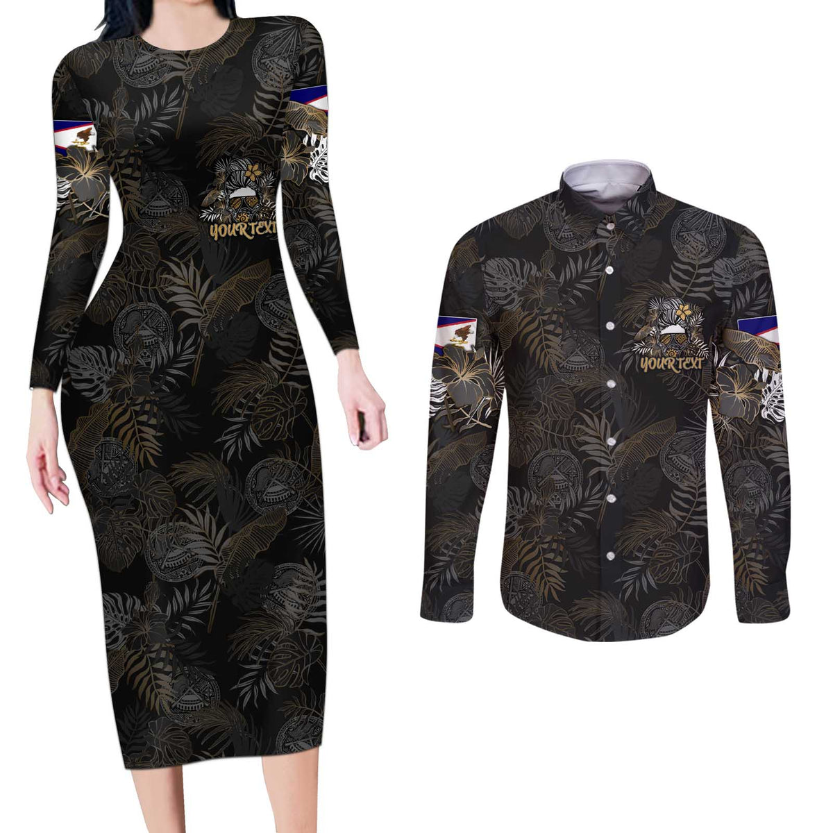 Personalized Shaka Girls America Samoa Couples Matching Long Sleeve Bodycon Dress and Long Sleeve Button Shirt Tropical Flowers Vintage DT02 Black - Polynesian Pride