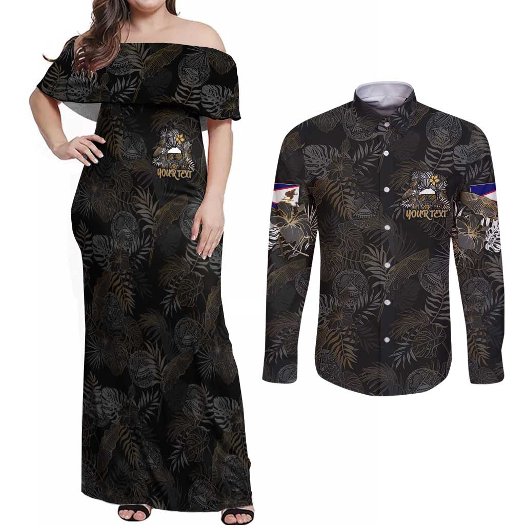 Personalized Shaka Girls America Samoa Couples Matching Off Shoulder Maxi Dress and Long Sleeve Button Shirt Tropical Flowers Vintage DT02 Black - Polynesian Pride