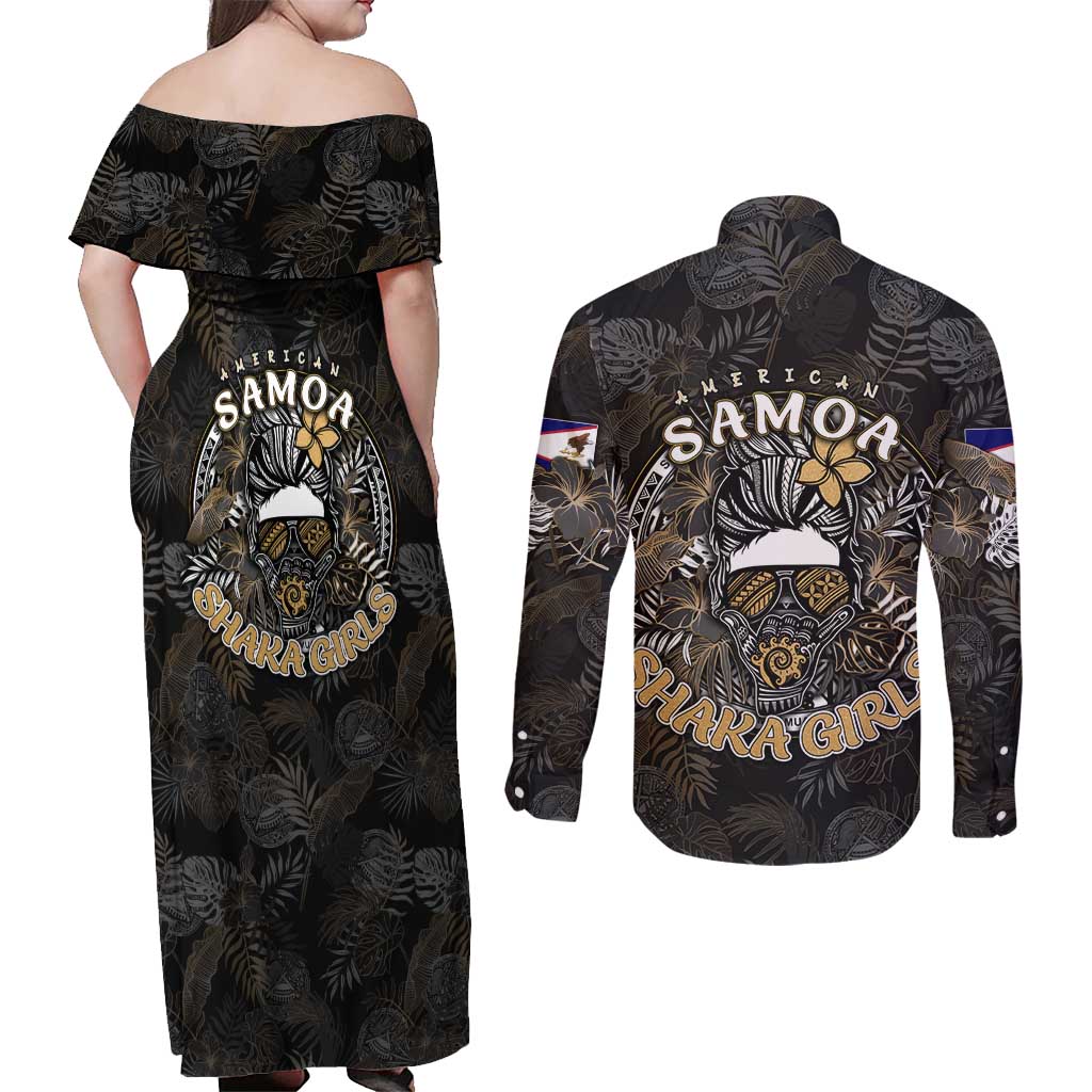 Personalized Shaka Girls America Samoa Couples Matching Off Shoulder Maxi Dress and Long Sleeve Button Shirt Tropical Flowers Vintage DT02 - Polynesian Pride