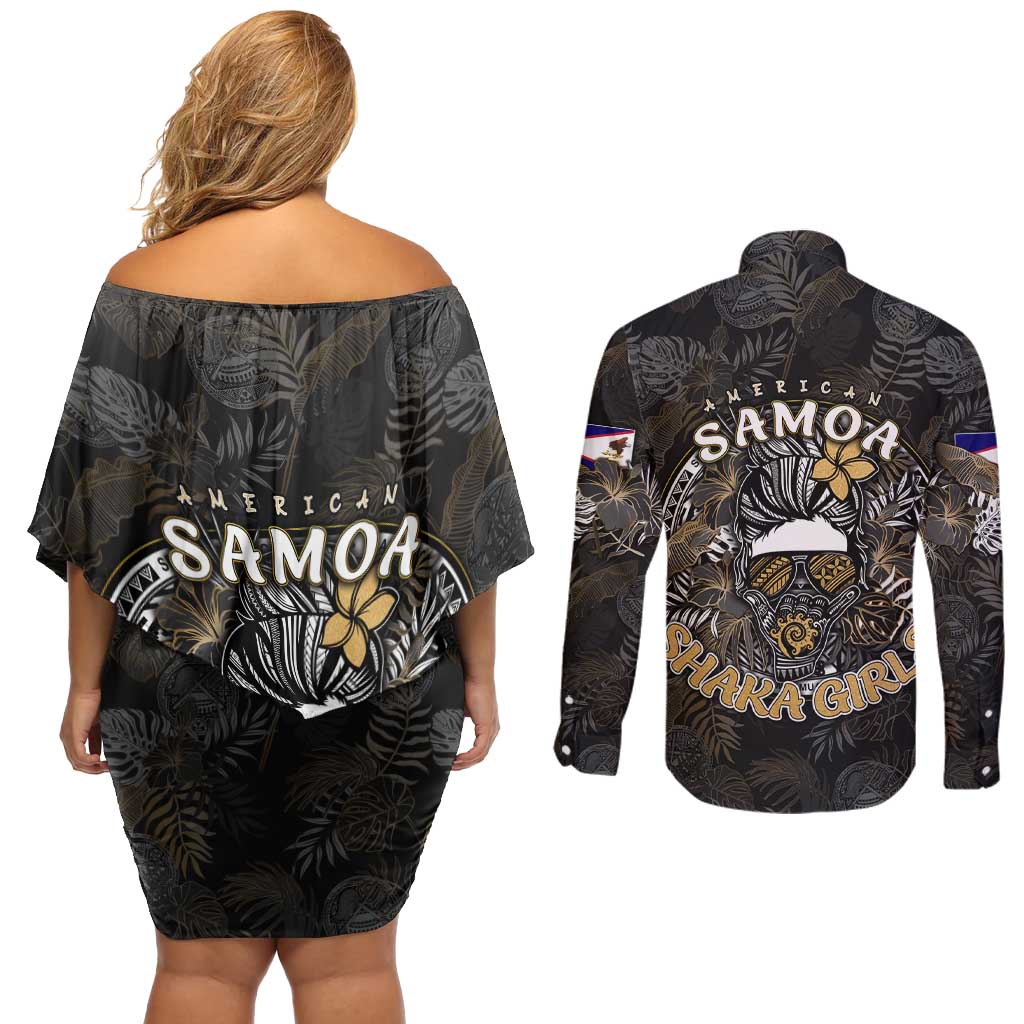 Personalized Shaka Girls America Samoa Couples Matching Off Shoulder Short Dress and Long Sleeve Button Shirt Tropical Flowers Vintage DT02 - Polynesian Pride