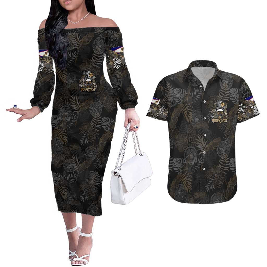 Personalized Shaka Girls America Samoa Couples Matching Off The Shoulder Long Sleeve Dress and Hawaiian Shirt Tropical Flowers Vintage DT02 Black - Polynesian Pride