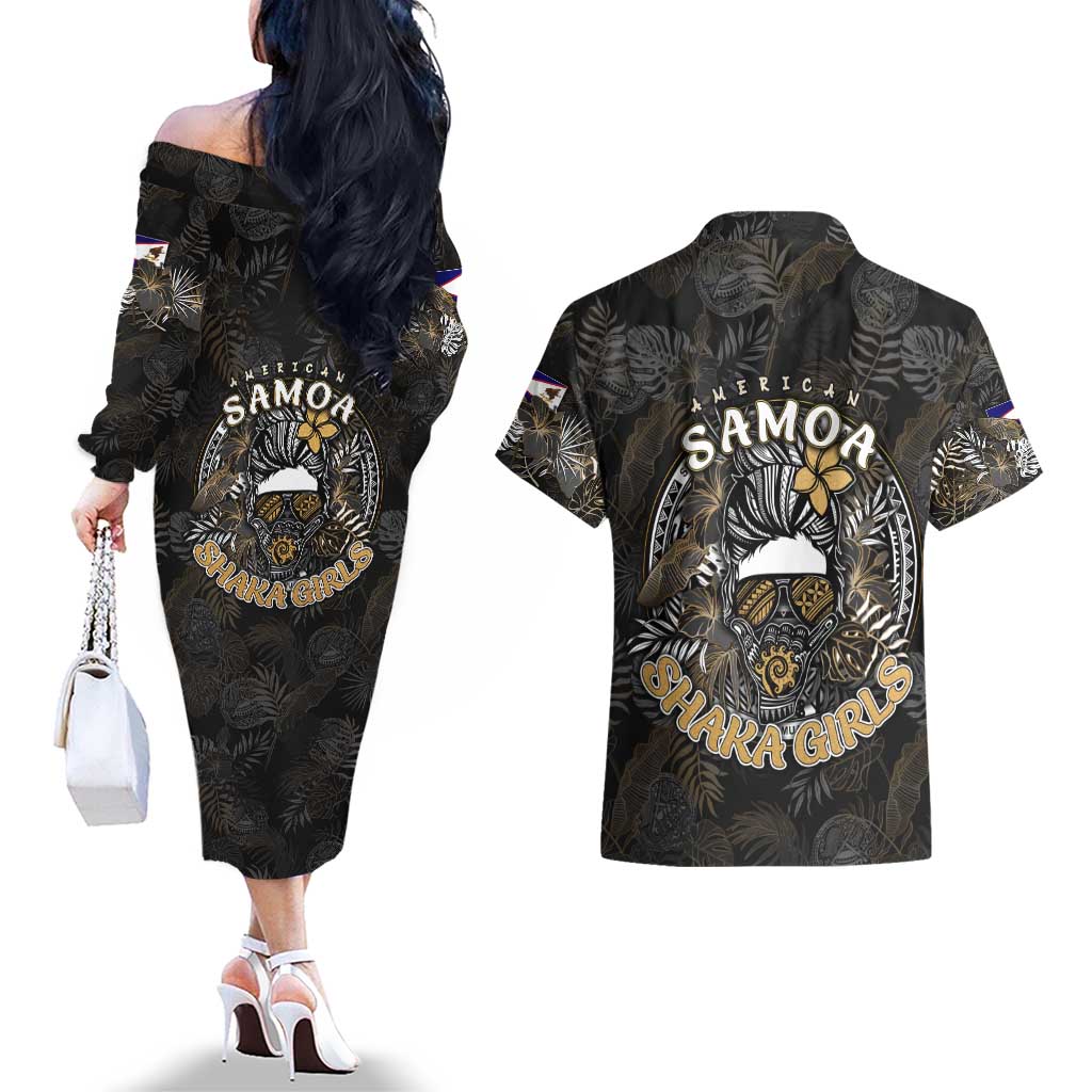 Personalized Shaka Girls America Samoa Couples Matching Off The Shoulder Long Sleeve Dress and Hawaiian Shirt Tropical Flowers Vintage DT02 - Polynesian Pride