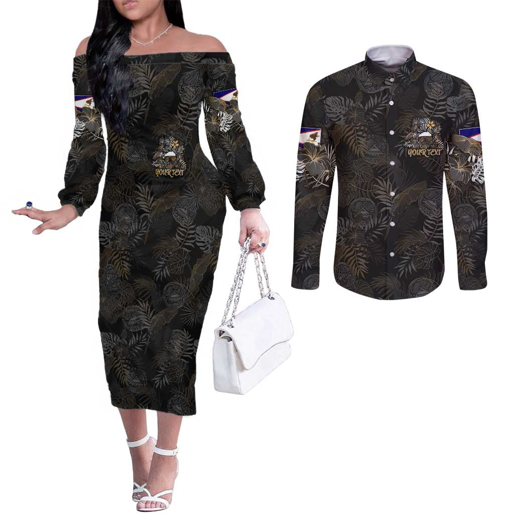 Personalized Shaka Girls America Samoa Couples Matching Off The Shoulder Long Sleeve Dress and Long Sleeve Button Shirt Tropical Flowers Vintage DT02 Black - Polynesian Pride