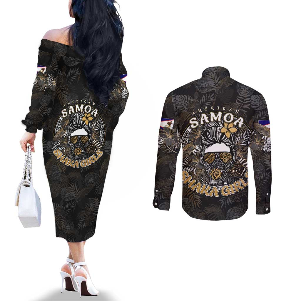Personalized Shaka Girls America Samoa Couples Matching Off The Shoulder Long Sleeve Dress and Long Sleeve Button Shirt Tropical Flowers Vintage DT02 - Polynesian Pride