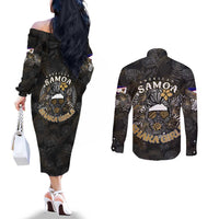 Personalized Shaka Girls America Samoa Couples Matching Off The Shoulder Long Sleeve Dress and Long Sleeve Button Shirt Tropical Flowers Vintage DT02 - Polynesian Pride