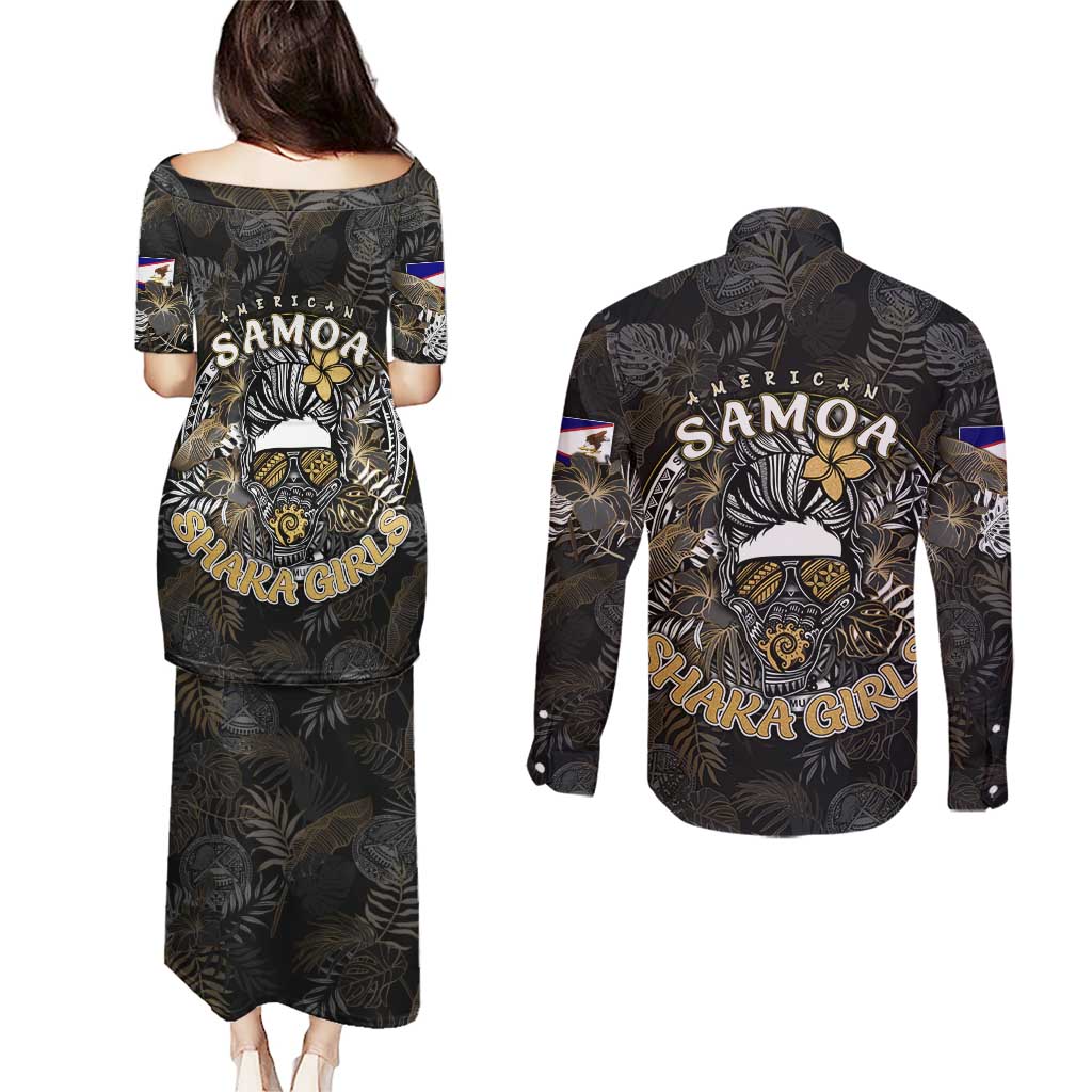 Personalized Shaka Girls America Samoa Couples Matching Puletasi and Long Sleeve Button Shirt Tropical Flowers Vintage DT02 - Polynesian Pride