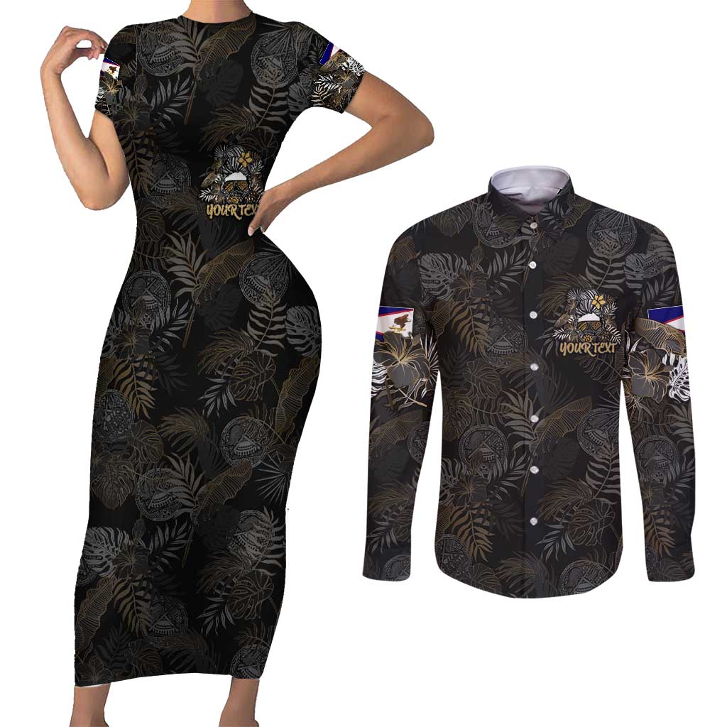 Personalized Shaka Girls America Samoa Couples Matching Short Sleeve Bodycon Dress and Long Sleeve Button Shirt Tropical Flowers Vintage DT02 Black - Polynesian Pride