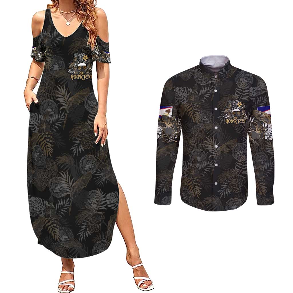 Personalized Shaka Girls America Samoa Couples Matching Summer Maxi Dress and Long Sleeve Button Shirt Tropical Flowers Vintage DT02 Black - Polynesian Pride