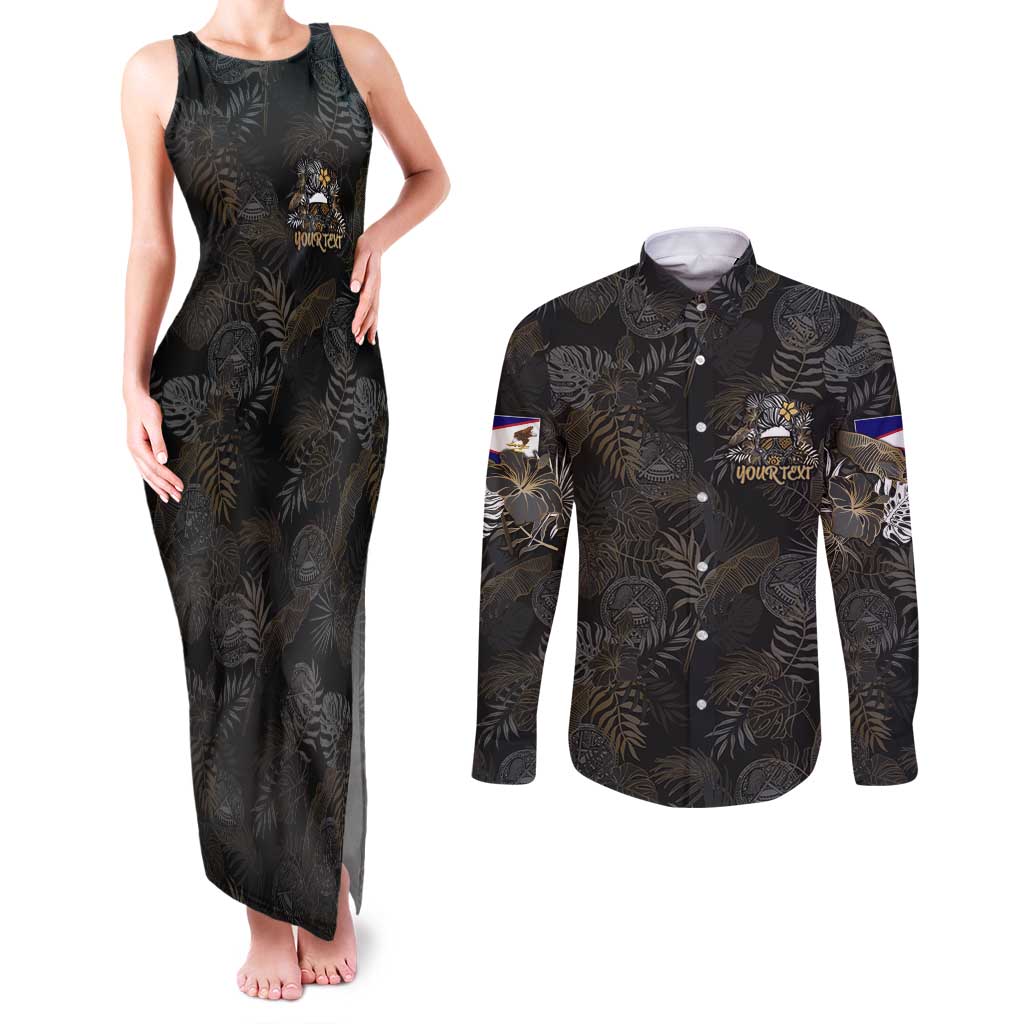 Personalized Shaka Girls America Samoa Couples Matching Tank Maxi Dress and Long Sleeve Button Shirt Tropical Flowers Vintage DT02 Black - Polynesian Pride
