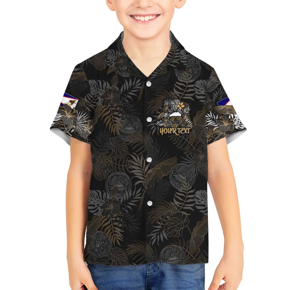 Personalized Shaka Girls America Samoa Family Matching Puletasi and Hawaiian Shirt Tropical Flowers Vintage DT02 Son's Shirt Black - Polynesian Pride