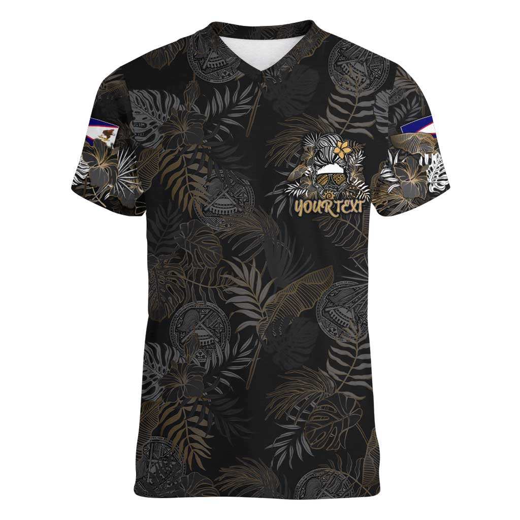 Personalized Shaka Girls America Samoa Women V-Neck T-Shirt Tropical Flowers Vintage DT02 Female Black - Polynesian Pride