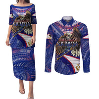 American Samoa Couples Matching Puletasi and Long Sleeve Button Shirt Brave Eagle Flag Color DT02 Blue - Polynesian Pride