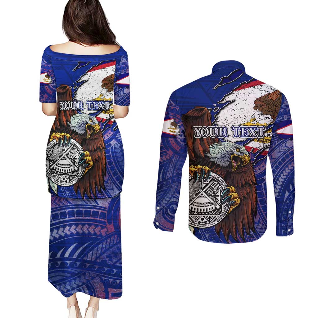American Samoa Couples Matching Puletasi and Long Sleeve Button Shirt Brave Eagle Flag Color DT02 - Polynesian Pride