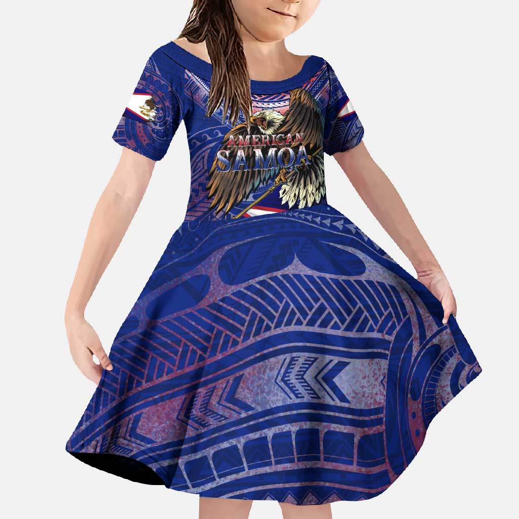 American Samoa Family Matching Mermaid Dress and Hawaiian Shirt Brave Eagle Flag Color DT02 Daughter's Dress Blue - Polynesian Pride