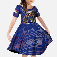 American Samoa Family Matching Off The Shoulder Long Sleeve Dress and Hawaiian Shirt Brave Eagle Flag Color DT02 Daughter's Dress Blue - Polynesian Pride