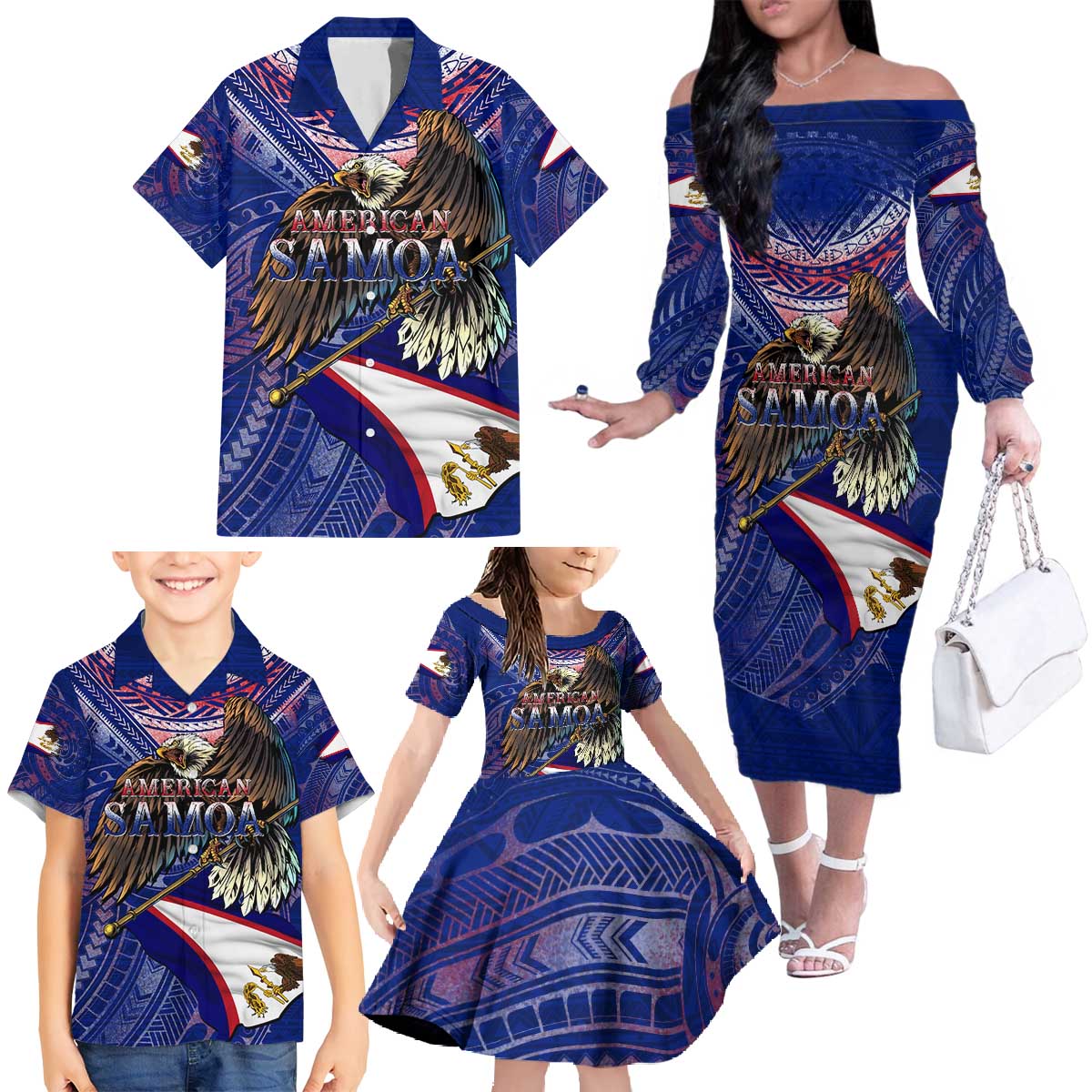 American Samoa Family Matching Off The Shoulder Long Sleeve Dress and Hawaiian Shirt Brave Eagle Flag Color DT02 - Polynesian Pride