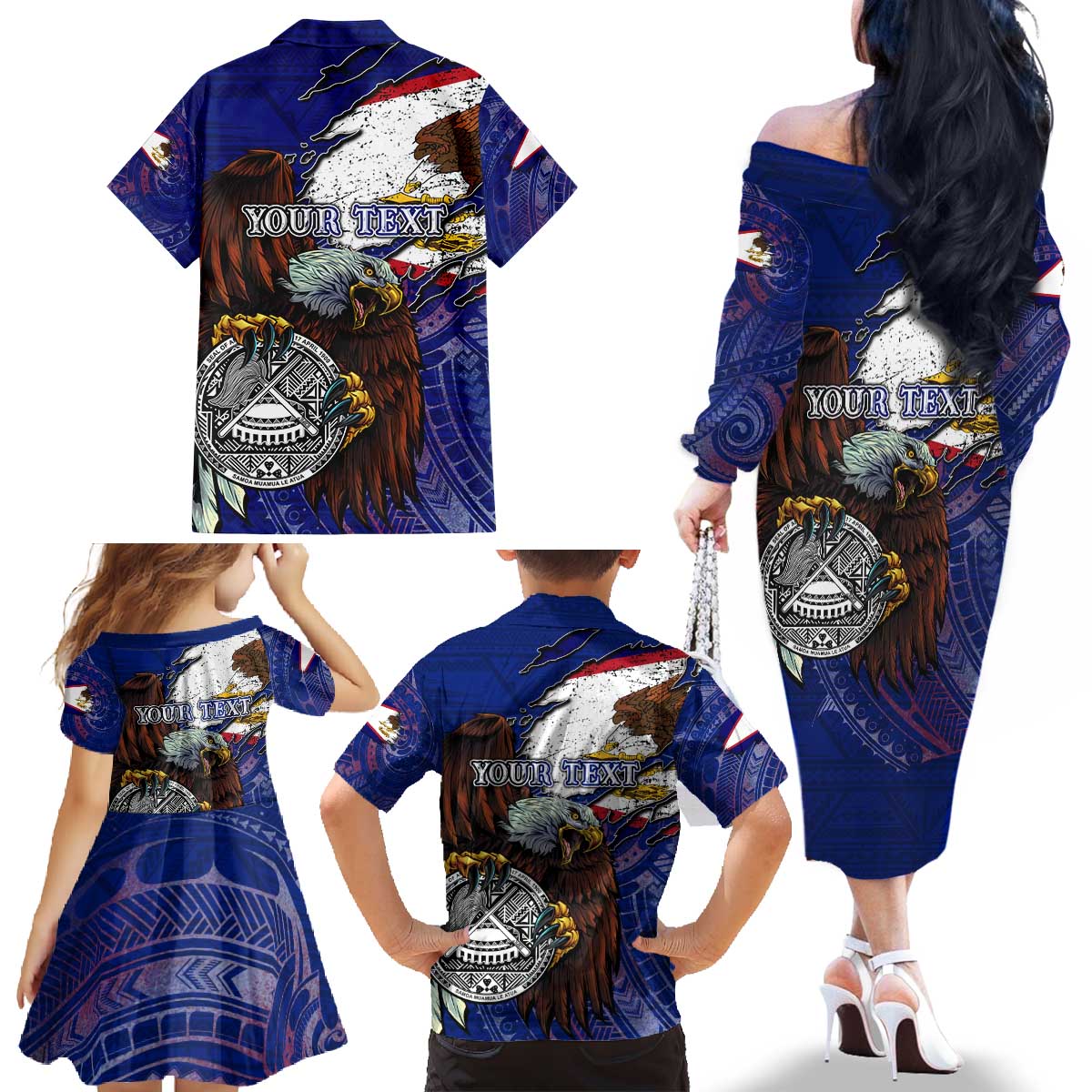 American Samoa Family Matching Off The Shoulder Long Sleeve Dress and Hawaiian Shirt Brave Eagle Flag Color DT02 - Polynesian Pride