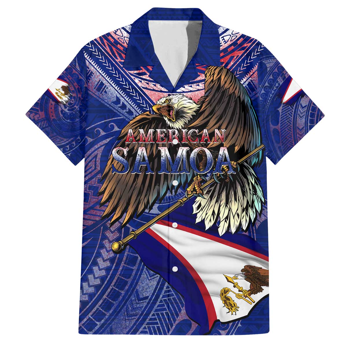 American Samoa Family Matching Off The Shoulder Long Sleeve Dress and Hawaiian Shirt Brave Eagle Flag Color DT02 Dad's Shirt - Short Sleeve Blue - Polynesian Pride