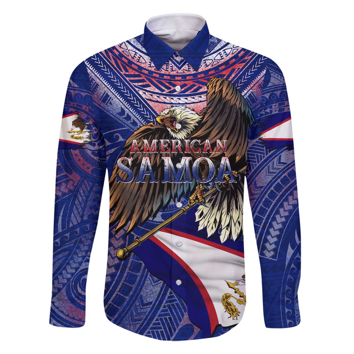 American Samoa Family Matching Off The Shoulder Long Sleeve Dress and Hawaiian Shirt Brave Eagle Flag Color DT02 Dad's Shirt - Long Sleeve Blue - Polynesian Pride