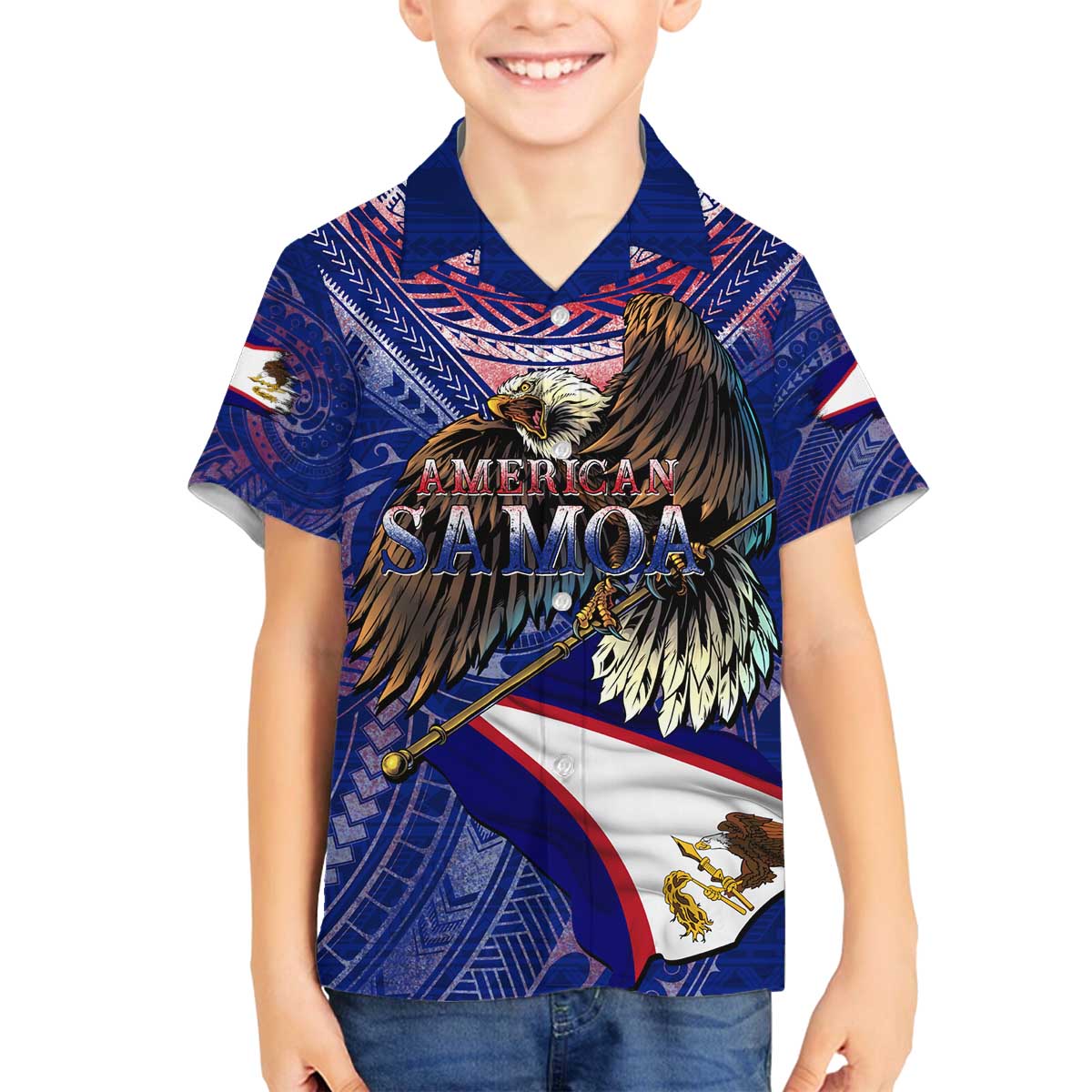 American Samoa Family Matching Off The Shoulder Long Sleeve Dress and Hawaiian Shirt Brave Eagle Flag Color DT02 Son's Shirt Blue - Polynesian Pride