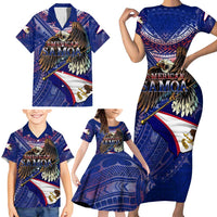 American Samoa Family Matching Short Sleeve Bodycon Dress and Hawaiian Shirt Brave Eagle Flag Color DT02 - Polynesian Pride