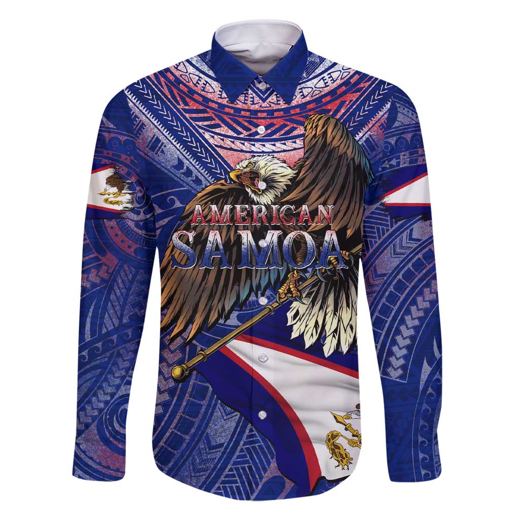 American Samoa Family Matching Short Sleeve Bodycon Dress and Hawaiian Shirt Brave Eagle Flag Color DT02 Dad's Shirt - Long Sleeve Blue - Polynesian Pride
