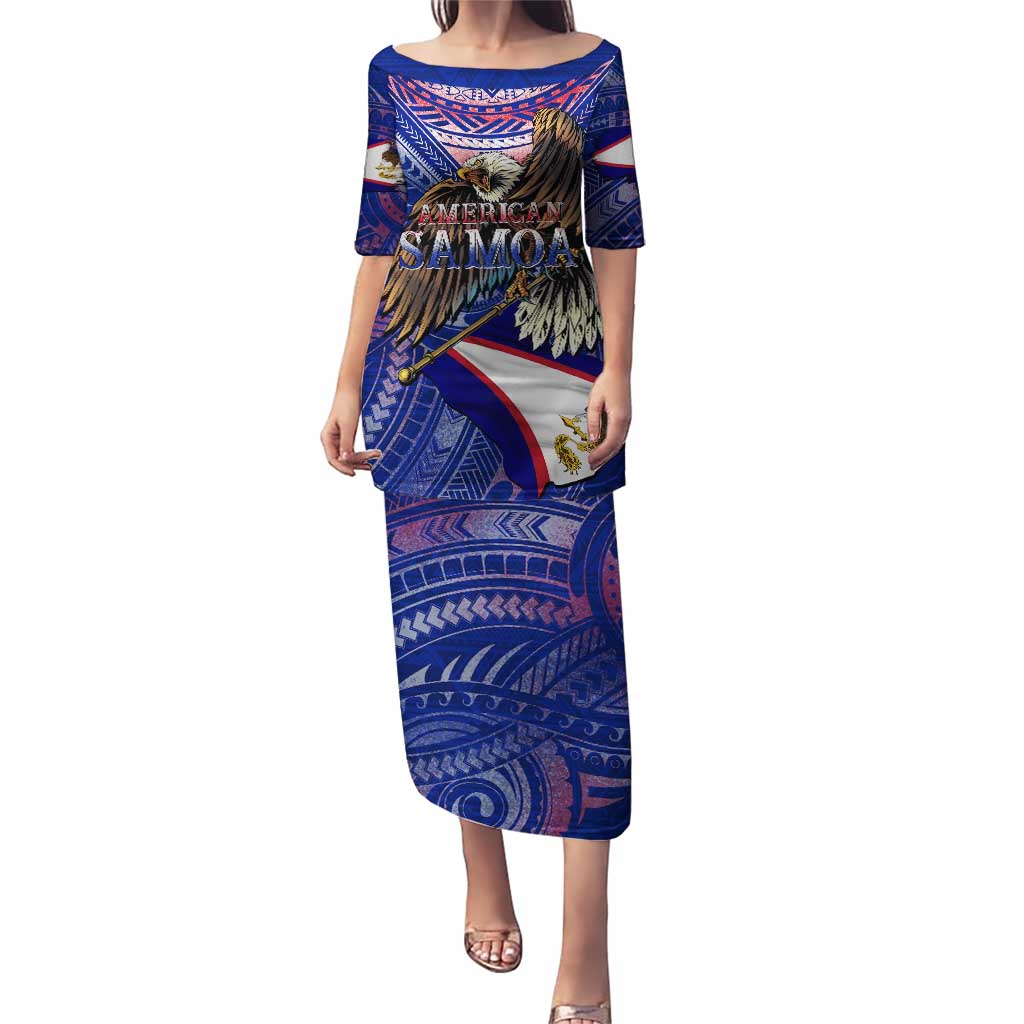 American Samoa Puletasi Brave Eagle Flag Color DT02 Long Dress Blue - Polynesian Pride