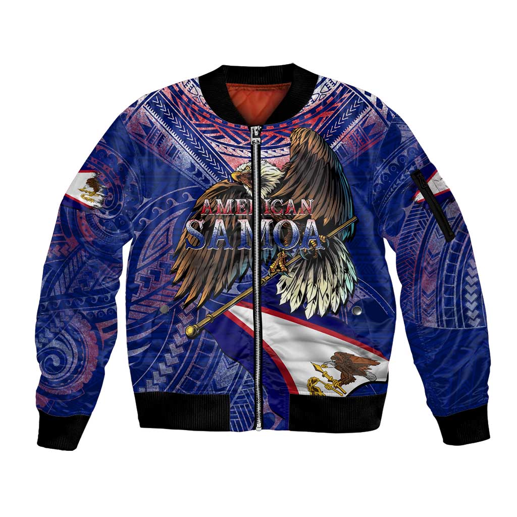 American Samoa Sleeve Zip Bomber Jacket Brave Eagle Flag Color DT02 Unisex Blue - Polynesian Pride