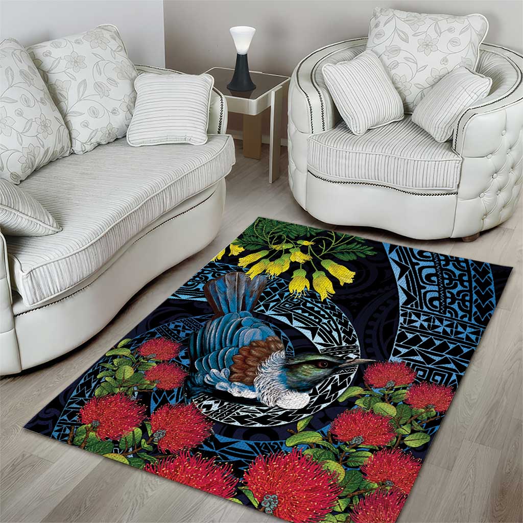 New Zealand Tui Bird Area Rug Maori Koru Mix Pohutukawa