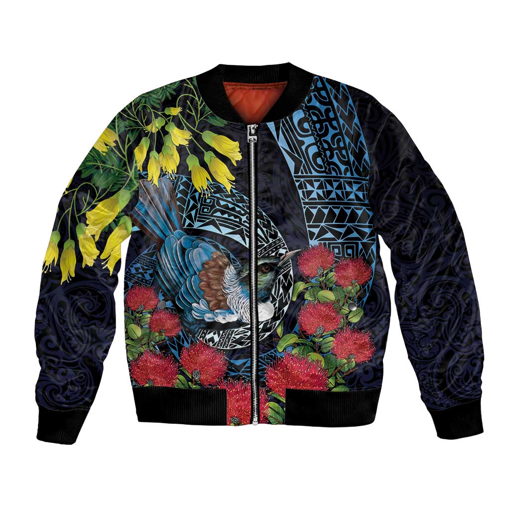 New Zealand Tui Bird Bomber Jacket Maori Koru Mix Pohutukawa DT04 Unisex Black - Polynesian Pride