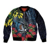 New Zealand Tui Bird Bomber Jacket Maori Koru Mix Pohutukawa DT04 Unisex Black - Polynesian Pride