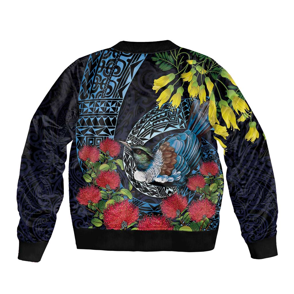 New Zealand Tui Bird Bomber Jacket Maori Koru Mix Pohutukawa DT04 - Polynesian Pride