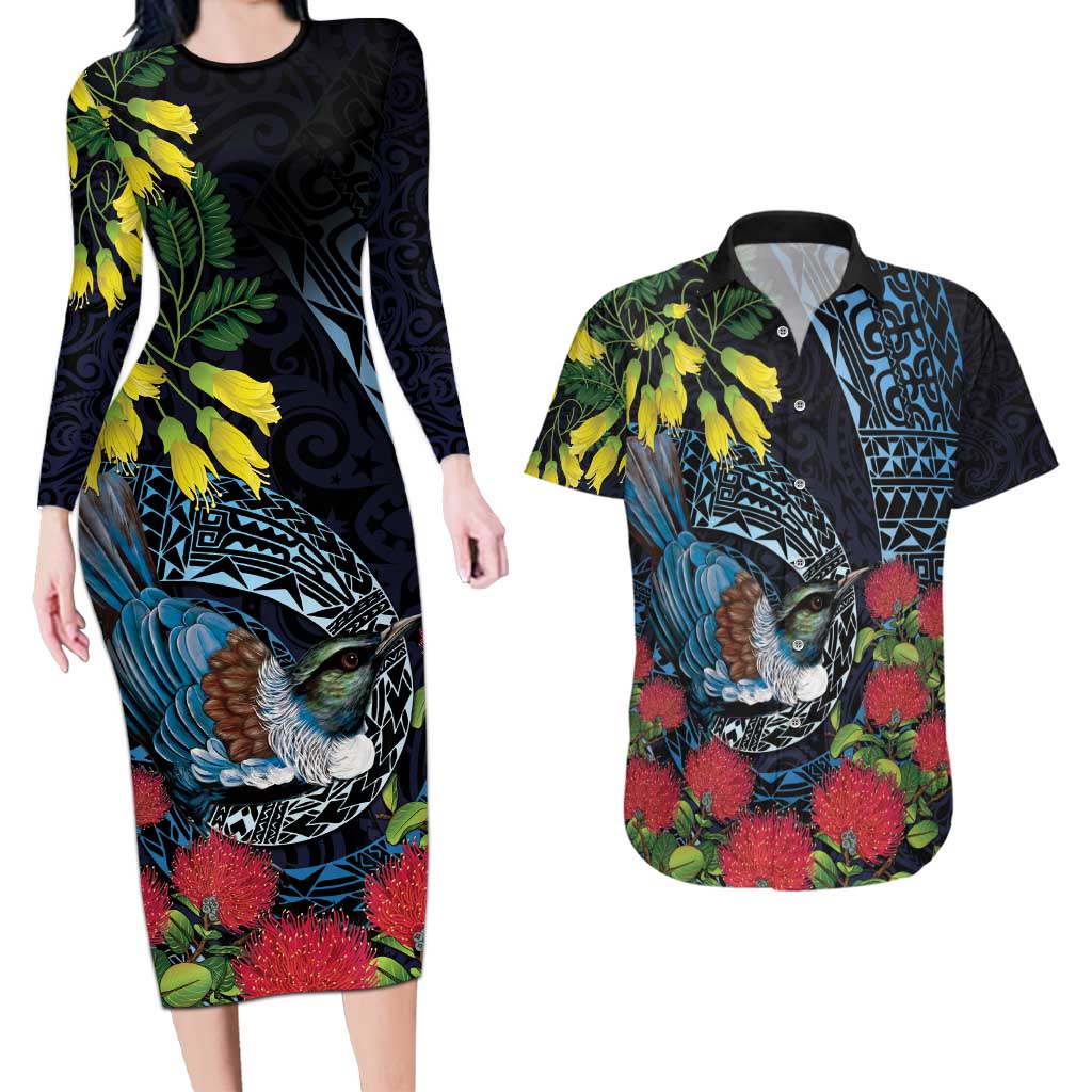 New Zealand Tui Bird Couples Matching Long Sleeve Bodycon Dress and Hawaiian Shirt Maori Koru Mix Pohutukawa DT04 Black - Polynesian Pride