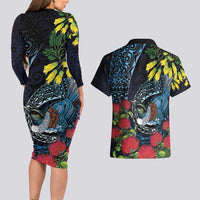 New Zealand Tui Bird Couples Matching Long Sleeve Bodycon Dress and Hawaiian Shirt Maori Koru Mix Pohutukawa DT04 - Polynesian Pride