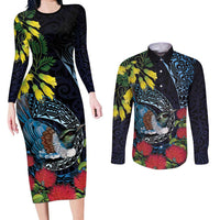 New Zealand Tui Bird Couples Matching Long Sleeve Bodycon Dress and Long Sleeve Button Shirt Maori Koru Mix Pohutukawa DT04 Black - Polynesian Pride