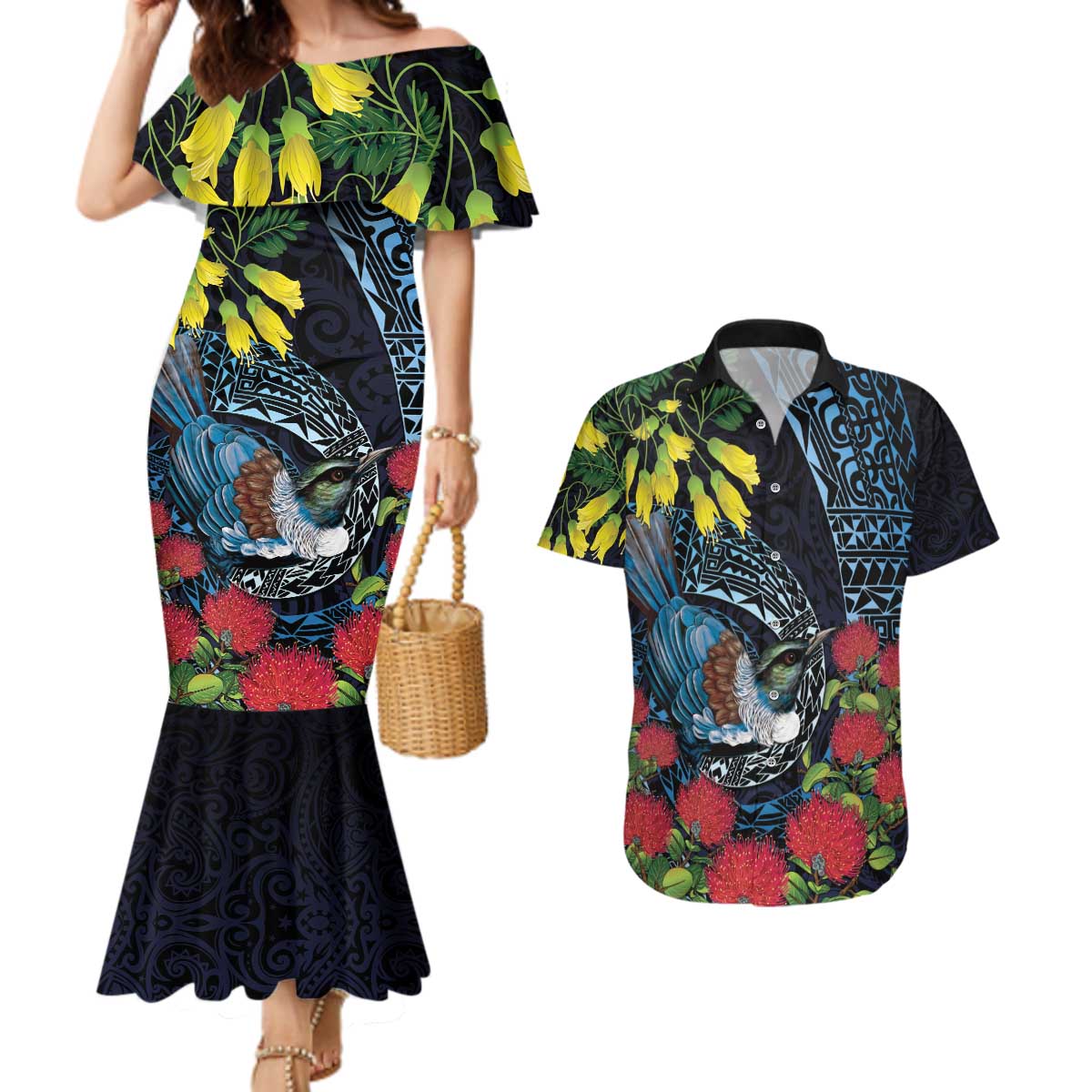 New Zealand Tui Bird Couples Matching Mermaid Dress and Hawaiian Shirt Maori Koru Mix Pohutukawa DT04 Black - Polynesian Pride