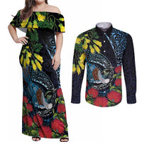 New Zealand Tui Bird Couples Matching Off Shoulder Maxi Dress and Long Sleeve Button Shirt Maori Koru Mix Pohutukawa DT04 Black - Polynesian Pride