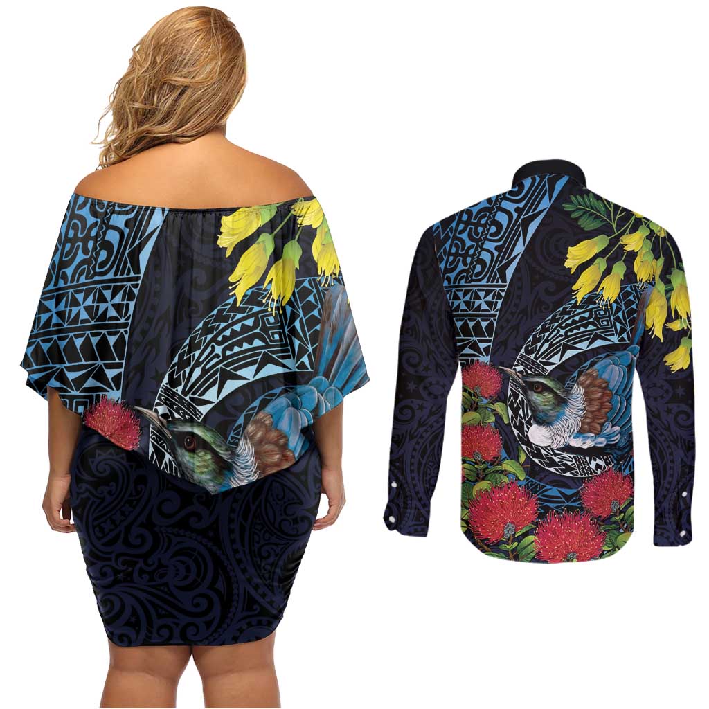 New Zealand Tui Bird Couples Matching Off Shoulder Short Dress and Long Sleeve Button Shirt Maori Koru Mix Pohutukawa DT04 - Polynesian Pride