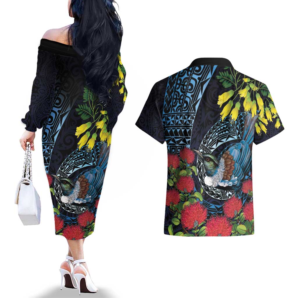 New Zealand Tui Bird Couples Matching Off The Shoulder Long Sleeve Dress and Hawaiian Shirt Maori Koru Mix Pohutukawa DT04 - Polynesian Pride