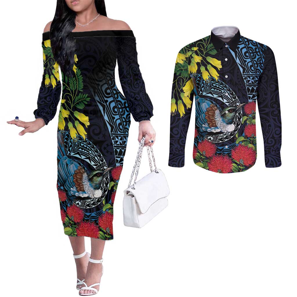 New Zealand Tui Bird Couples Matching Off The Shoulder Long Sleeve Dress and Long Sleeve Button Shirt Maori Koru Mix Pohutukawa DT04 Black - Polynesian Pride