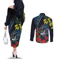 New Zealand Tui Bird Couples Matching Off The Shoulder Long Sleeve Dress and Long Sleeve Button Shirt Maori Koru Mix Pohutukawa DT04 - Polynesian Pride