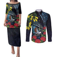 New Zealand Tui Bird Couples Matching Puletasi and Long Sleeve Button Shirt Maori Koru Mix Pohutukawa DT04 Black - Polynesian Pride