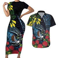 New Zealand Tui Bird Couples Matching Short Sleeve Bodycon Dress and Hawaiian Shirt Maori Koru Mix Pohutukawa DT04 Black - Polynesian Pride