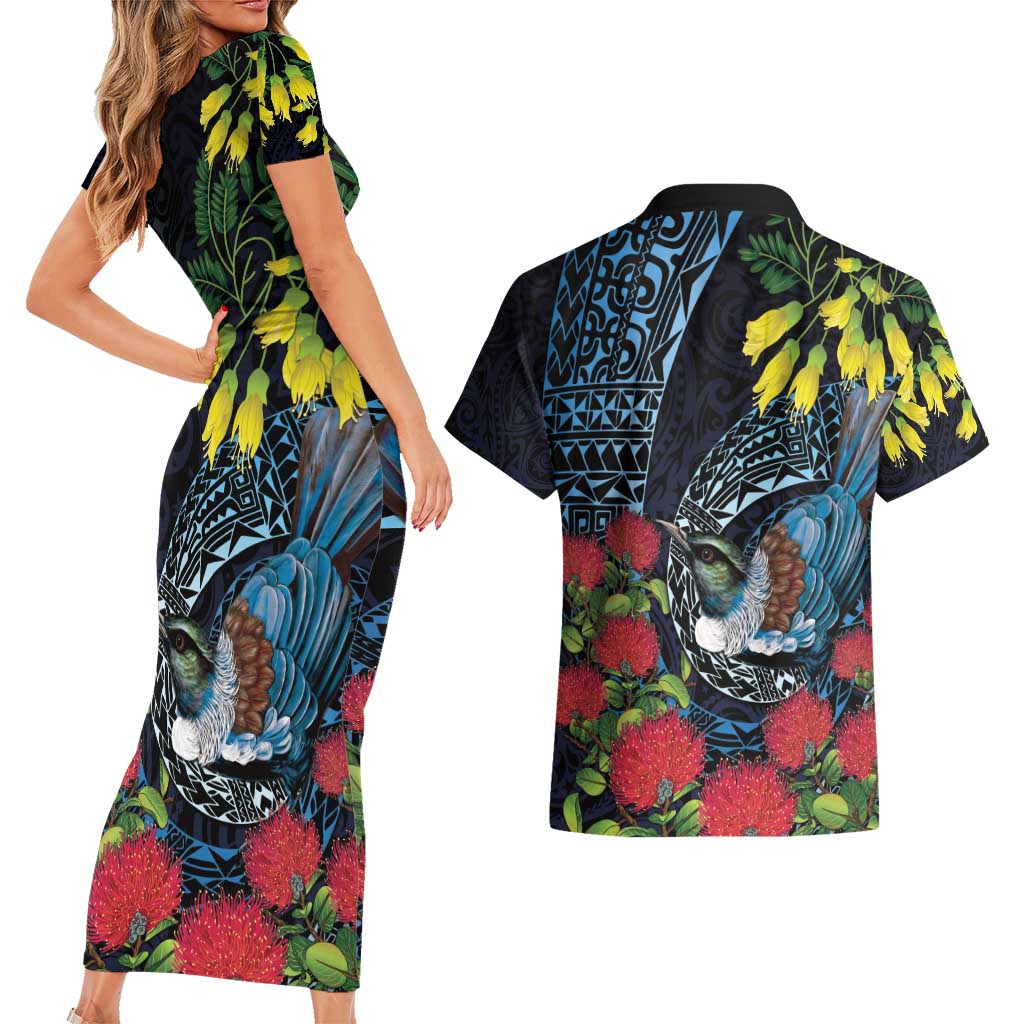 New Zealand Tui Bird Couples Matching Short Sleeve Bodycon Dress and Hawaiian Shirt Maori Koru Mix Pohutukawa DT04 - Polynesian Pride