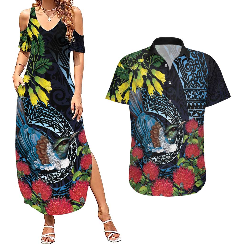 New Zealand Tui Bird Couples Matching Summer Maxi Dress and Hawaiian Shirt Maori Koru Mix Pohutukawa DT04 Black - Polynesian Pride