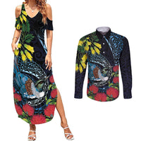 New Zealand Tui Bird Couples Matching Summer Maxi Dress and Long Sleeve Button Shirt Maori Koru Mix Pohutukawa DT04 Black - Polynesian Pride